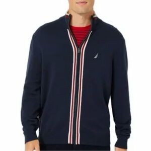 Nautica Navy Zip-Up Sweater with Red and White Stripes
